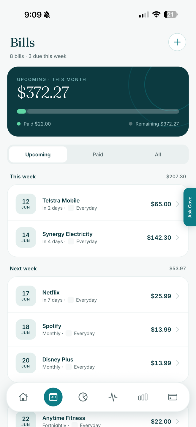 Cove Money bills screen showing upcoming bills for the month