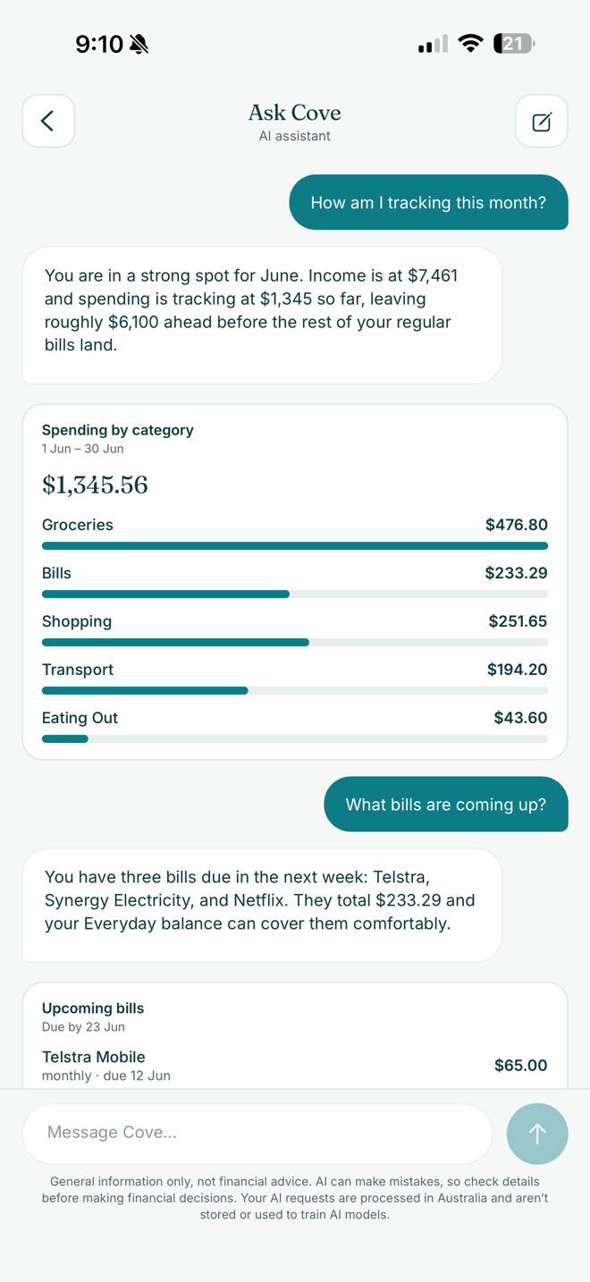Ask Cove chat answering questions about spending and upcoming bills