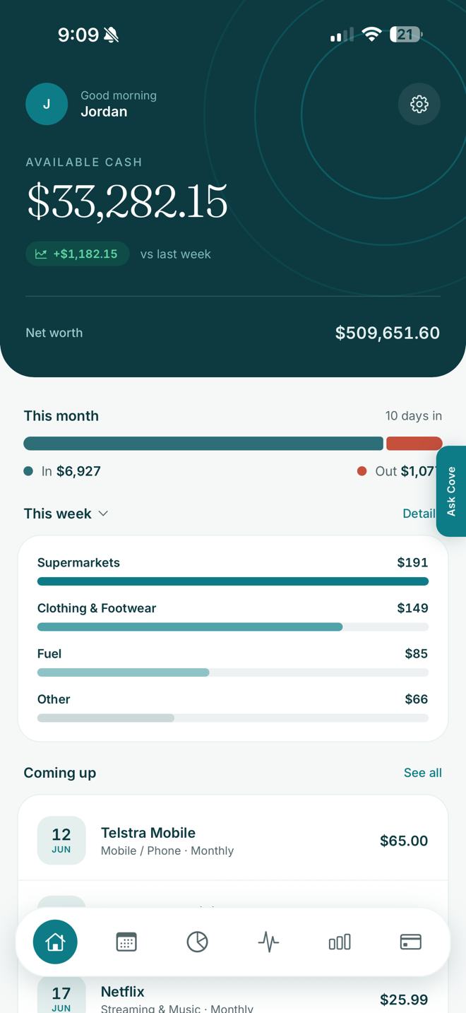 Cove Money home screen